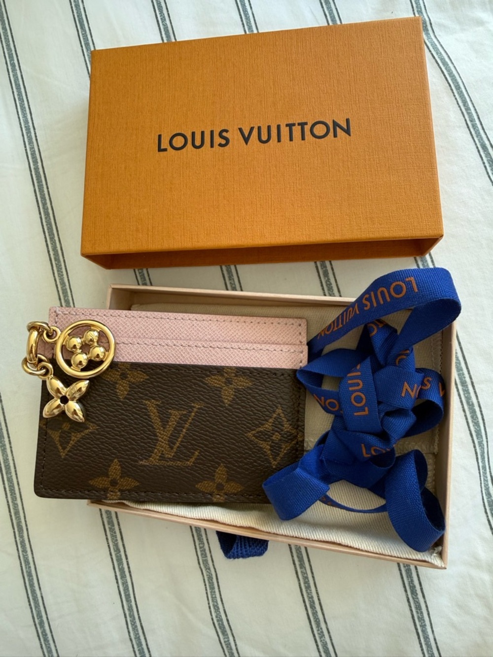 Louis Vuitton Monogram Card Holder with Pink Trim and Gold Charm - Authentic